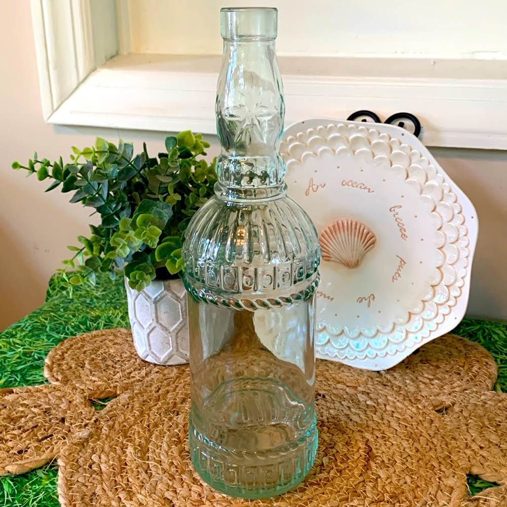 Blue green clear glass bottle, EUC